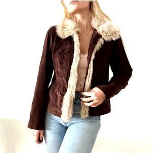 Express Penny Lane Y2K Vintage Brown Suede Faux Fur Lined Jacket Sz 7/8